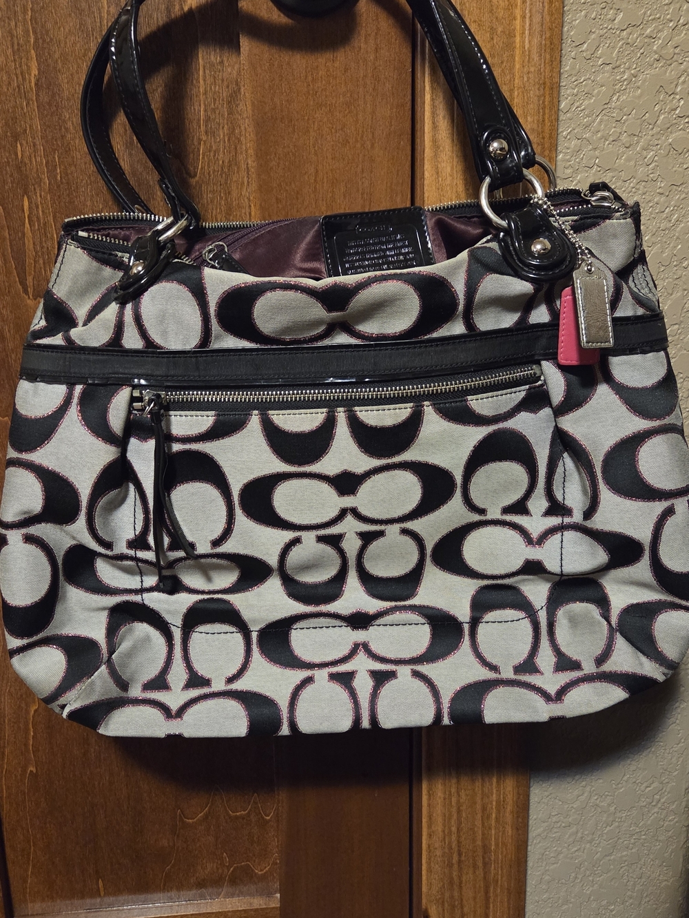 Coach Signature Canvas Shoulder Bag in Black & Pink